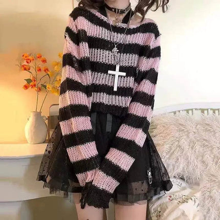 Women Striped Punk Gothic Top Sweater - Sweater - Bivigaos - Mad Fly Essentials