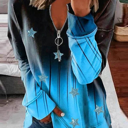 Women Striped Star Open Zip Sweater - Mad Fly Essentials