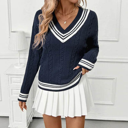 Women Striped V Long Preppy Sweater - Sweater - Pateekate - Mad Fly Essentials