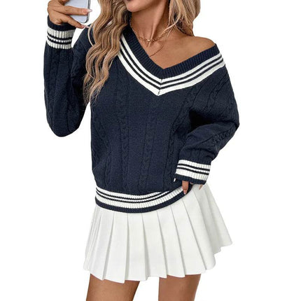 Women Striped V Long Preppy Sweater - Sweater - Pateekate - Mad Fly Essentials