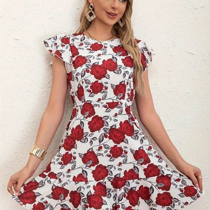 Women Summer Ruffle Blue Red Roses Mini Dress - Mini Dress - LUSMAY - Mad Fly Essentials