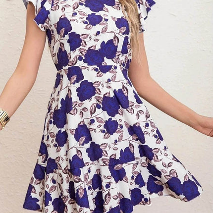 Women Summer Ruffle Blue Red Roses Mini Dress - Mini Dress - LUSMAY - Mad Fly Essentials