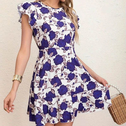 Women Summer Ruffle Blue Red Roses Mini Dress - Mad Fly Essentials