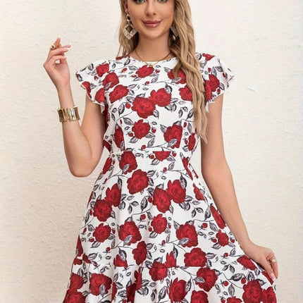 Women Summer Ruffle Blue Red Roses Mini Dress - Mini Dress - LUSMAY - Mad Fly Essentials