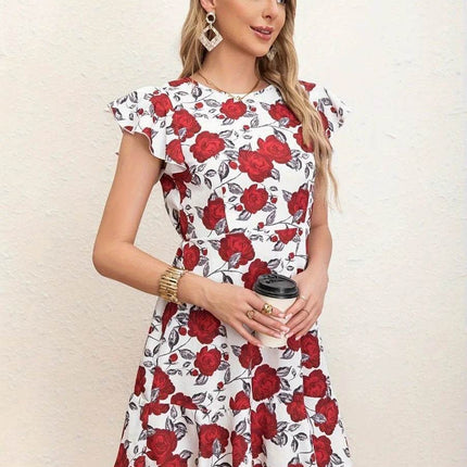 Women Summer Ruffle Blue Red Roses Mini Dress - Mini Dress - LUSMAY - Mad Fly Essentials