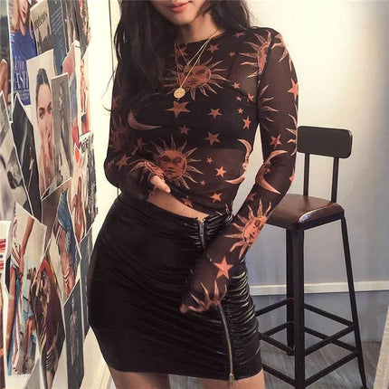 Women Sun Moon Printed Transparent Crop Top - Crop Top - Kayle - Mad Fly Essentials