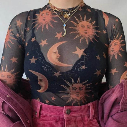 Women Sun Moon Printed Transparent Crop Top - Crop Top - Kayle - Mad Fly Essentials
