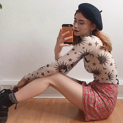 Women Sun Moon Printed Transparent Crop Top - Crop Top - Kayle - Mad Fly Essentials