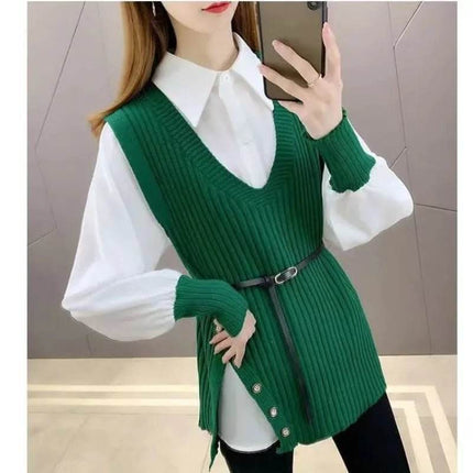 Women Waistbelt 2pc Office Blouse Suit Sweater - Sweater - Metaphor - Mad Fly Essentials