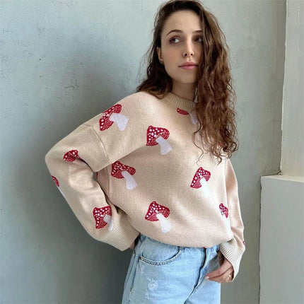 Women Trendy Mushroom Graphic Long Casual Sweater - Sweater - Noworry - Mad Fly Essentials