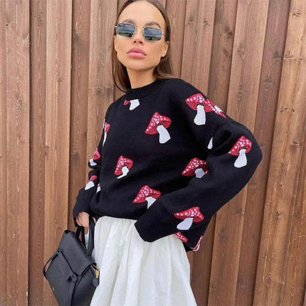 Women Trendy Mushroom Graphic Long Casual Sweater - Sweater - Noworry - Mad Fly Essentials