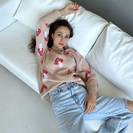 Women Trendy Mushroom Graphic Long Casual Sweater - Sweater - Noworry - Mad Fly Essentials