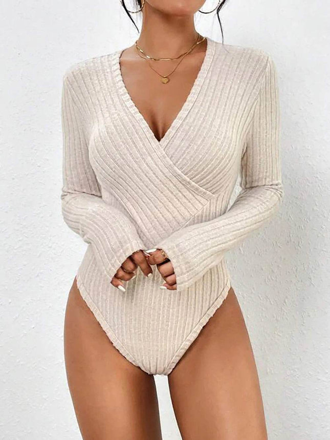 Women V-Neck Knitted Solid Romper - Mad Fly Essentials