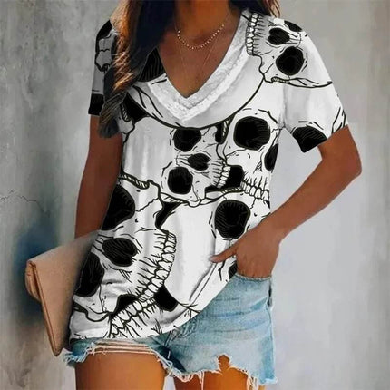 Ladies V - Neck Skull Fashion Vintage Women Shirt - Shirt - mandylandy - Mad Fly Essentials