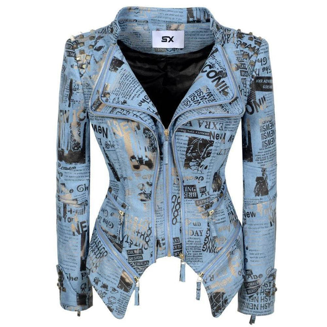 Women Vintage Denim Slim Motorcycle Jacket - Jacket - SX - Mad Fly Essentials