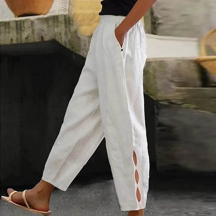 Women Vintage Fashion Solid Linen Pocket Pants - Pants - SANWOOD - Mad Fly Essentials