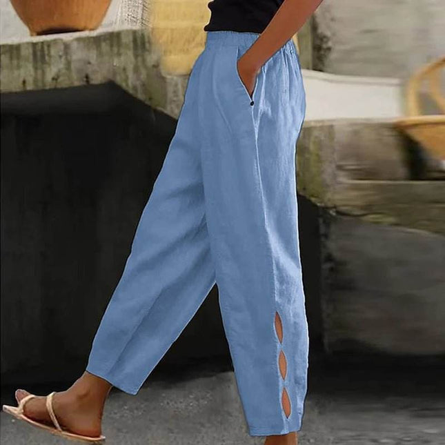 Women Vintage Fashion Solid Linen Pocket Pants - Pants - SANWOOD - Mad Fly Essentials