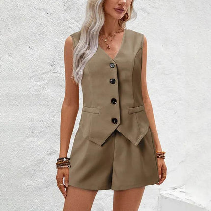 Women Vintage Waistcoat Sleeveless Shorts Outfit Set - Outfit Set - trafza - Mad Fly Essentials