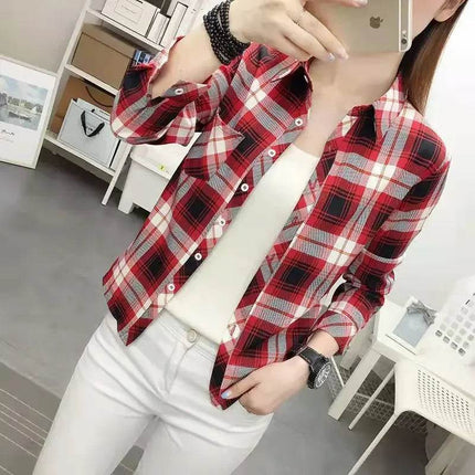 Women Vintage Winter Long Plaid Shirt - Shirt - BIRDTREE TB - Mad Fly Essentials