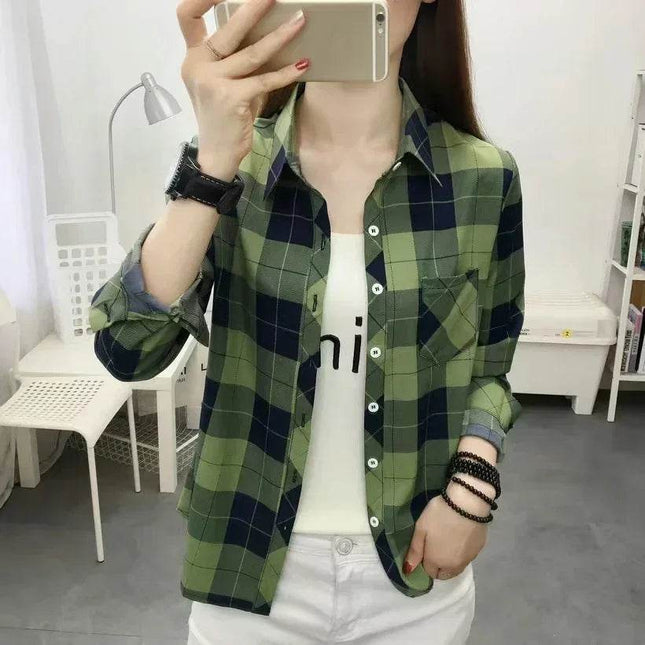 Women Vintage Winter Long Plaid Shirt - Shirt - BIRDTREE TB - Mad Fly Essentials