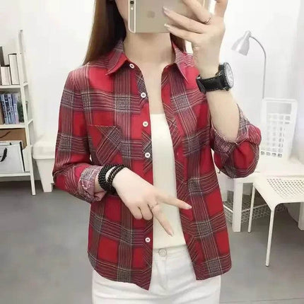Women Vintage Winter Long Plaid Shirt - Shirt - BIRDTREE TB - Mad Fly Essentials