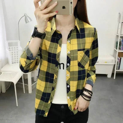 Women Vintage Winter Long Plaid Shirt - Shirt - BIRDTREE TB - Mad Fly Essentials