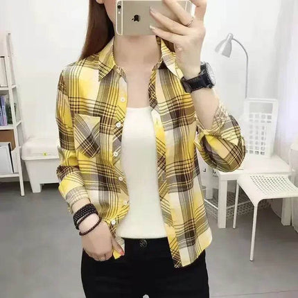 Women Vintage Winter Long Plaid Shirt - Shirt - BIRDTREE TB - Mad Fly Essentials