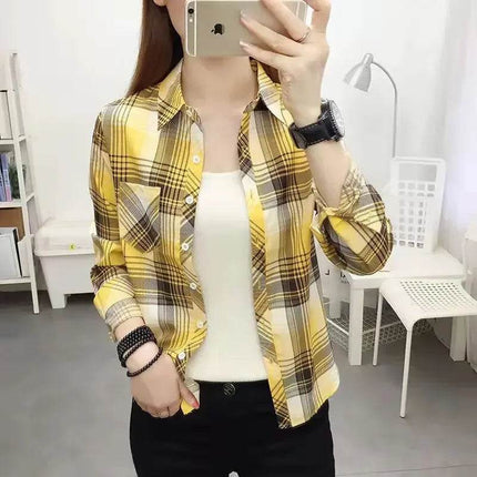Women Vintage Winter Long Plaid Shirt - Shirt - BIRDTREE TB - Mad Fly Essentials