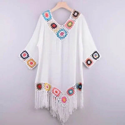 Women White Fringe Trim Tunic Beach Dress - Beach Dress - Crochet Bikini - Mad Fly Essentials