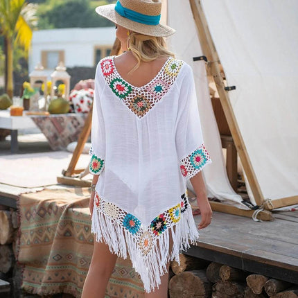 Women White Fringe Trim Tunic Beach Dress - Beach Dress - Crochet Bikini - Mad Fly Essentials
