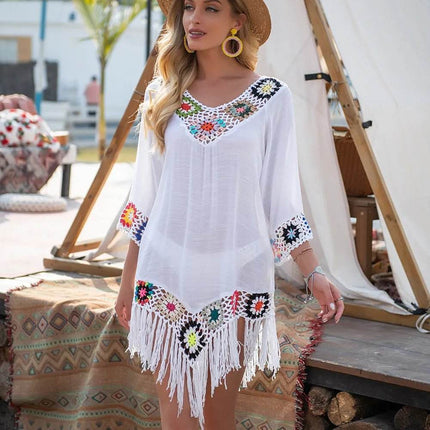 Women White Fringe Trim Tunic Beach Dress - Beach Dress - Crochet Bikini - Mad Fly Essentials