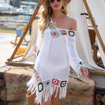 Women White Fringe Trim Tunic Beach Dress - Beach Dress - Crochet Bikini - Mad Fly Essentials