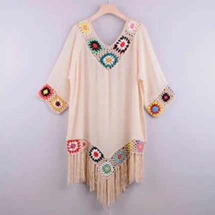 Women White Fringe Trim Tunic Beach Dress - Beach Dress - Crochet Bikini - Mad Fly Essentials