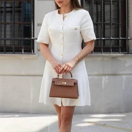 Women White Knitted Button Mini Dress - Mini Dress - Jadoutin - Mad Fly Essentials