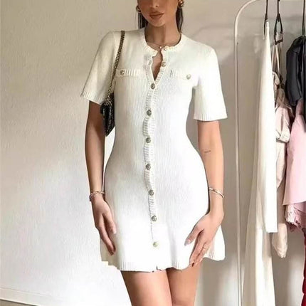Women White Knitted Button Mini Dress - Mini Dress - Jadoutin - Mad Fly Essentials