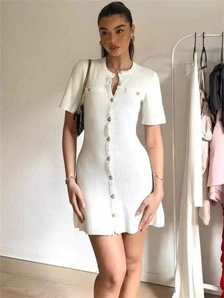 Women White Knitted Button Mini Dress - Mini Dress - Jadoutin - Mad Fly Essentials