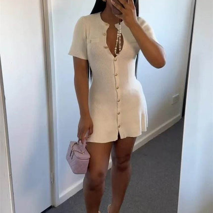 Women White Knitted Button Mini Dress - Mini Dress - Jadoutin - Mad Fly Essentials