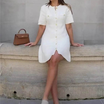 Women White Knitted Button Mini Dress - Mini Dress - Jadoutin - Mad Fly Essentials