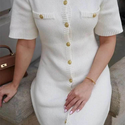 Women White Knitted Button Mini Dress - Mini Dress - Jadoutin - Mad Fly Essentials