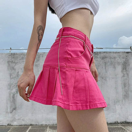 Women y2k Denim Mini Pleated Skirt - Skirt - Matakawa - Mad Fly Essentials