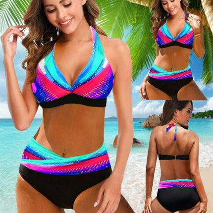 Women Plus Size Retro Rainbow Bikini Set