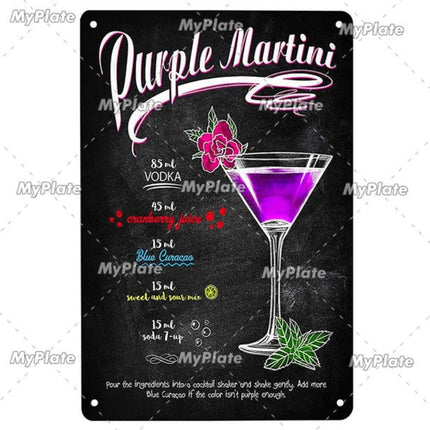 Vintage Classic Cocktails Purple Martini Wall Sign