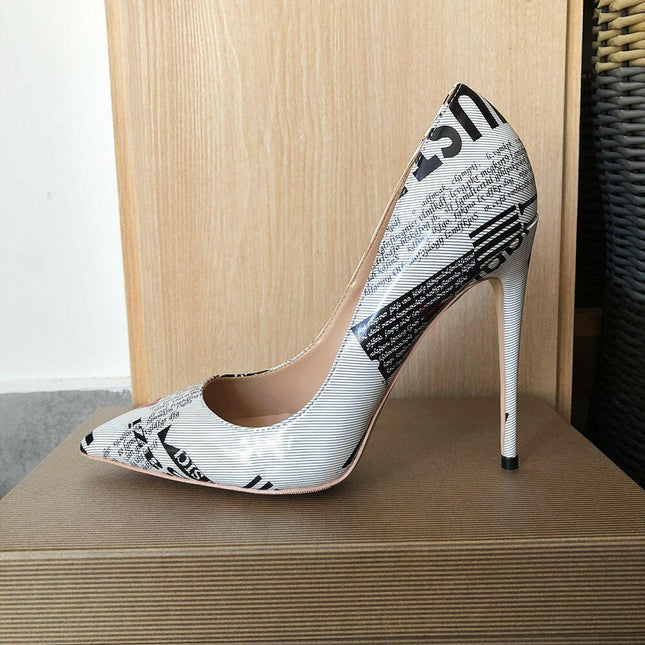 Women Vintage Graphic White Pointy Toe High Heels