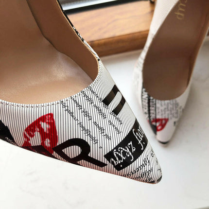 Women Vintage Graphic White Pointy Toe High Heels