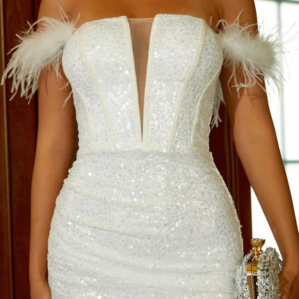 Women Off-Shoulder Feather Sequin White Bodycon Party Dress