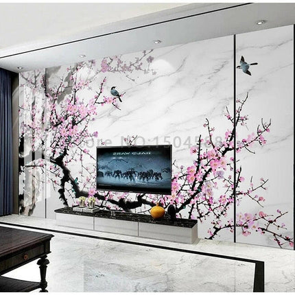 Custom Retro Ink Pink Plum Blossom Flower Mural Wallpaper - Home & Garden Mad Fly Essentials