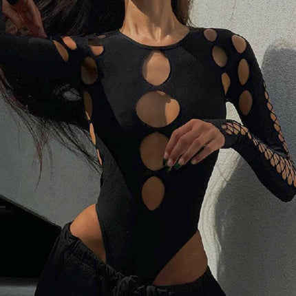 Women Sexy Hollow-Out Long Slim Black Bodysuit - Women's Shop Mad Fly Essentials