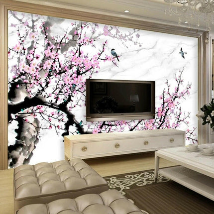 Custom Retro Ink Pink Plum Blossom Flower Mural Wallpaper
