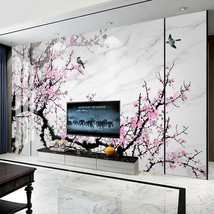 Custom Retro Ink Pink Plum Blossom Flower Mural Wallpaper
