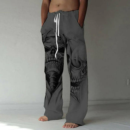 Men's Elastic Drawstring 3D Skull Graphic Pocket Pants